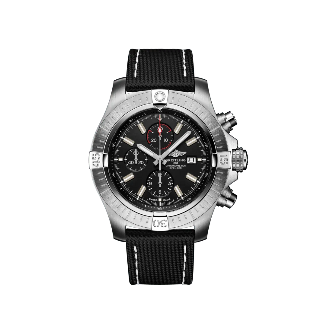 Breitling Super Avenger Chronograph 48MM in Stainless Steel with Black Dial on a Black Strap with Tang Buckle