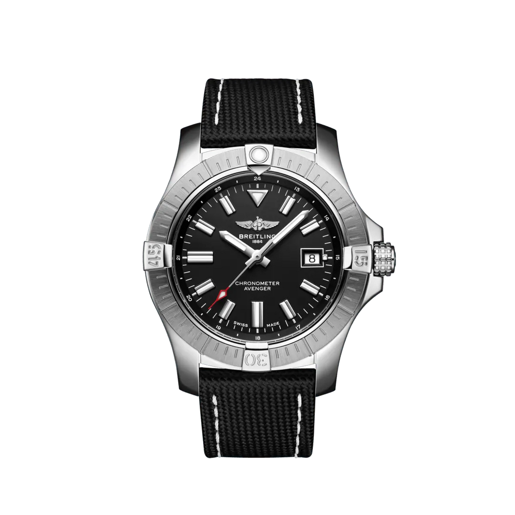 Breitling Avenger 43MM in Stainless Steel with Black Dial on a Black Strap with Tang Buckle