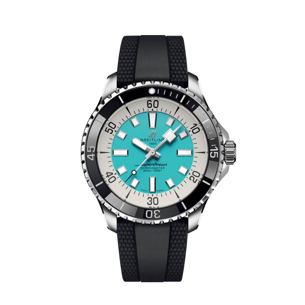 Breitling Superocean 44MM in Stainless Steel with Turquoise Dial on a Black Rubber Strap